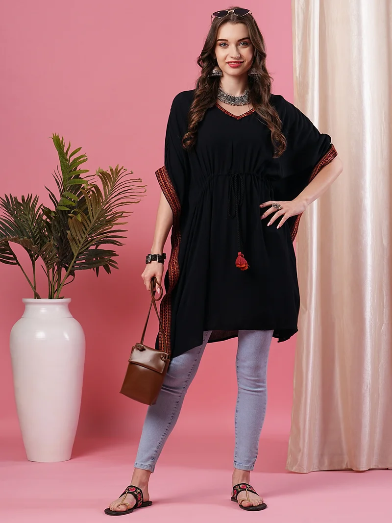 Women Black V-Neck Thread Work Kaftan Kurta