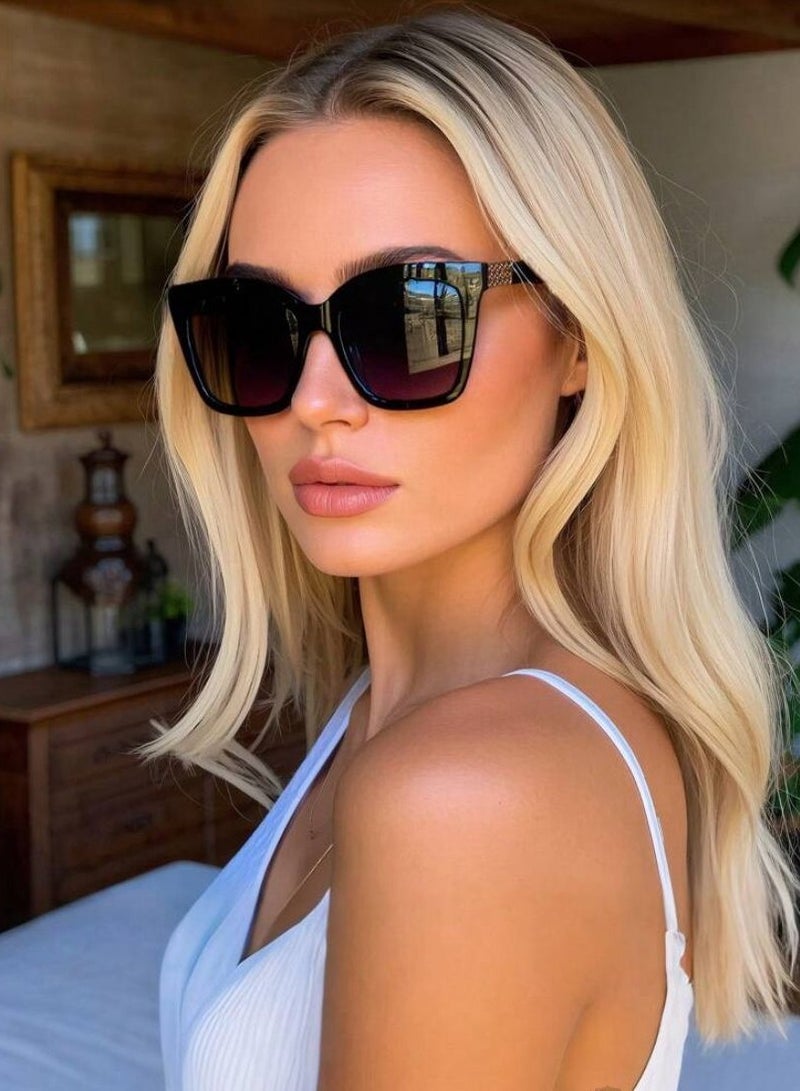 نظارات شمسية بلاستيكية ذات إطار مربع كبير بطراز رجعي أسود - Image 1