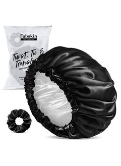 Fabskin Luxury Satin Silk Hair Bonnet Cap For Sleeping With Satin Scrunchie | For Women & Girls | For Curly & All Hair Types (Black)  - Image 1
