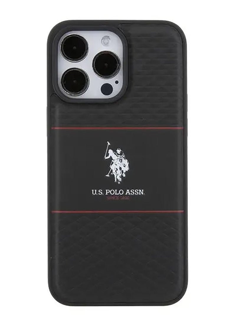 يو اس بولو جراب صلب لهاتف iPhone 15 Pro مصنوع من مادة البولي يوريثين HS بنمط DH Stripe - أسود - Image 2