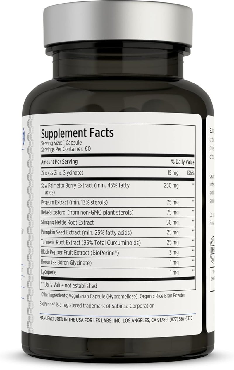 LES Labs مكمل صحة البروستاتا من LES Labs دعم البروستاتا صحة المسالك البولية تقليل زيارات الحمام تحسين النوم ساو بالميتو بيجيوم بيتا سيتوستيرول جذر القراص مكمل غير معدل وراثيًا 60 كبسولة - Image 2