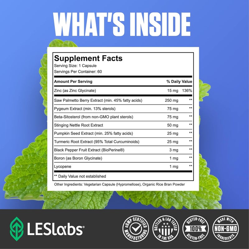 LES Labs مكمل صحة البروستاتا من LES Labs دعم البروستاتا صحة المسالك البولية تقليل زيارات الحمام تحسين النوم ساو بالميتو بيجيوم بيتا سيتوستيرول جذر القراص مكمل غير معدل وراثيًا 60 كبسولة - Image 4
