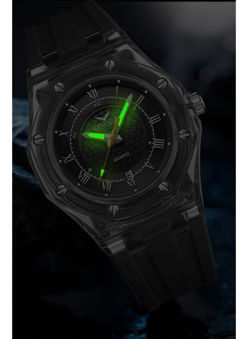 أونولا ساعة كوارتز أنيقة للجنسين، مقاومة للماء، مناسبة للطلاب، بهيكل شفاف وحزام سيليكون. - Image 2