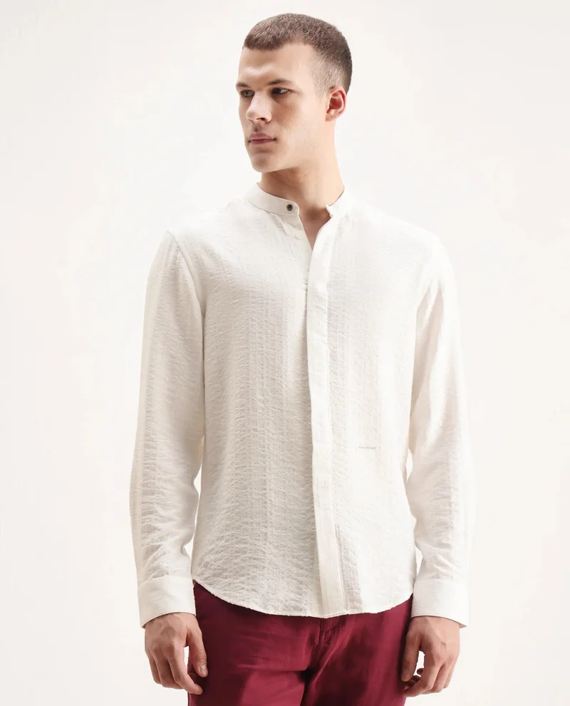 Rare Rabbit Men's Mandarin Collar Texture Stripe Dobby Shirt