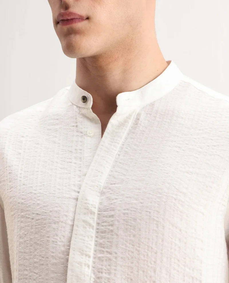 Rare Rabbit Men's Mandarin Collar Texture Stripe Dobby Shirt