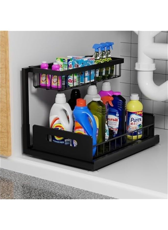 تراسل منظم قابل للسحب من طابقين تحت الحوض، عبارة عن رف تخزين قابل للسحب من خزانة مع درج سلكي قابل للسحب لتخزين الحمام أو المطبخ أو سطح العمل أو رف تخزين المؤن. - Image 1