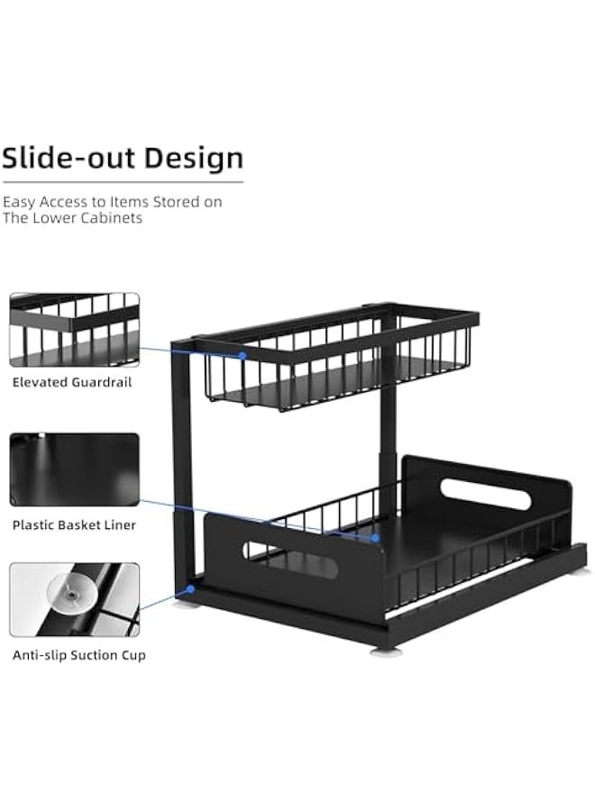 تراسل منظم قابل للسحب من طابقين تحت الحوض، عبارة عن رف تخزين قابل للسحب من خزانة مع درج سلكي قابل للسحب لتخزين الحمام أو المطبخ أو سطح العمل أو رف تخزين المؤن. - Image 3