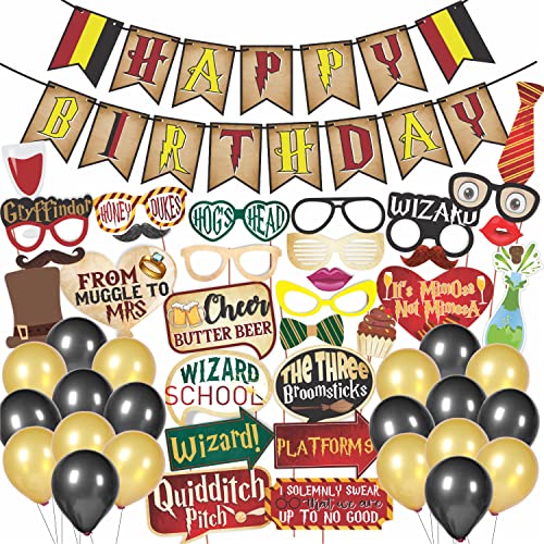 WOBBOX Happy Birthday Combo Harry Potter Theme Party Props 29 Pcs with Red & Yellow Color Harry Potter Theme Bunting Banner & Balloons, Birthday Decoration Item - Image 1