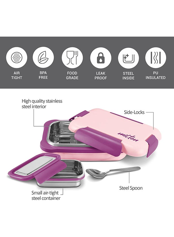 Milton More Meal Insulated Large Tiffin Box, 770 Ml, With Inner Stainless Steel Container, 175 Ml And Spoon, Pink, Food Grade, Inside Steel, School, College, Office| Easy To Carry  - Image 4