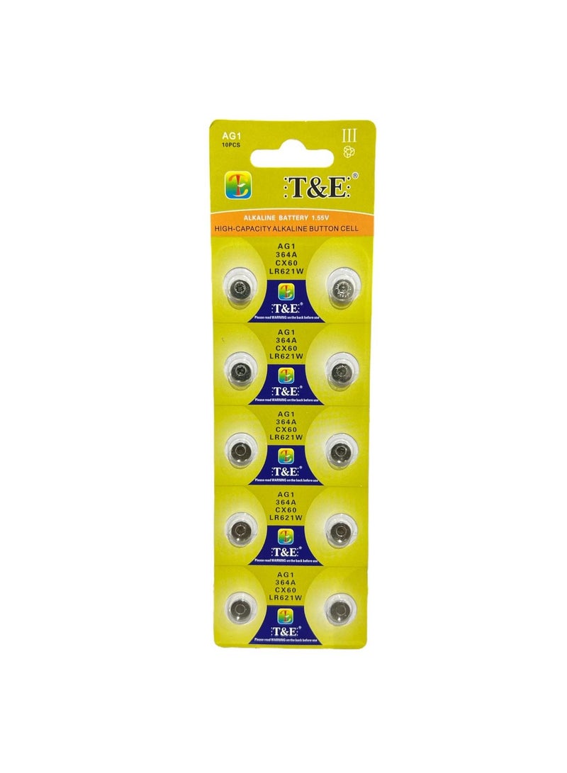 TE AG1 Alkaline Button Cell Batteries, 364A, CX60, LR621W, 1.5V, 10 Pcs Pack, for Watches, Calculators, Toys 