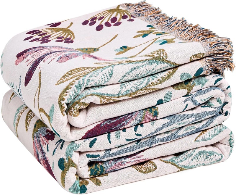 LUTBM Boho Throw Blanket for Bed Cotton Blankets Twin Size for Bedroom Living Room All Season Lightweight Floral Embroidery Quilt for Couch Sofa Chair 60"x80" - Image 1