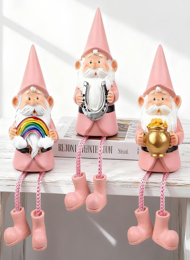 Lixintray 3 Pack Pink Gnome Statues with Dangling Legs - Cute Resin Gnome Figurines with Lucky Elements, Shelf Ornaments Decor for Home, Office, Gift for Women Mom Grandma - Image 1