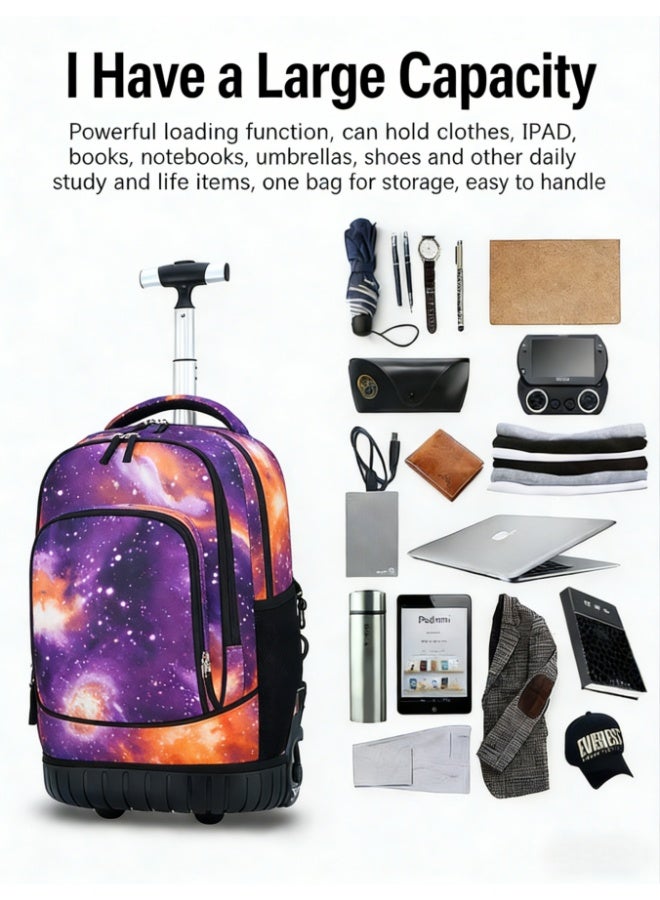 حقيبة ظهر خفيفة الوزن بعجلات للأطفال، حقيبة سفر كبيرة السعة للطلاب مزودة بمقبض قابل للسحب، حقيبة ظهر مدرسية مقاومة للماء للأولاد والبنات (لون سماء مرصعة بالنجوم، 1186) - Image 5