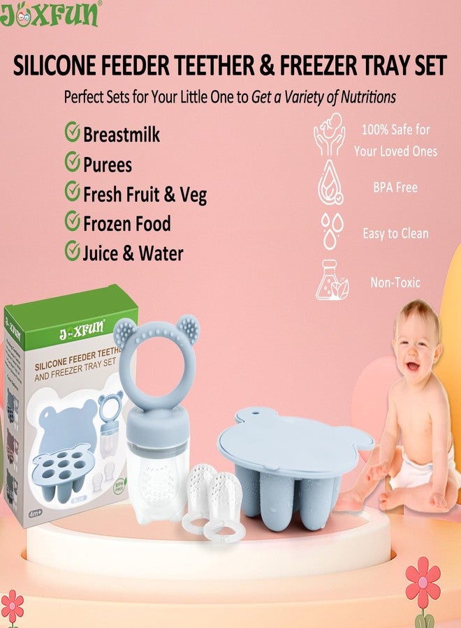 JEXFUN Silicone Baby Fruit Food Feeder & Mini Freezer Nibble Tray, Breastmilk Popsicle Molds for Baby Teething Relief, BPA Free Silicone Teething Toys Feeder for Safe Infant Self Feeding, Extra Food Pouches - Image 3