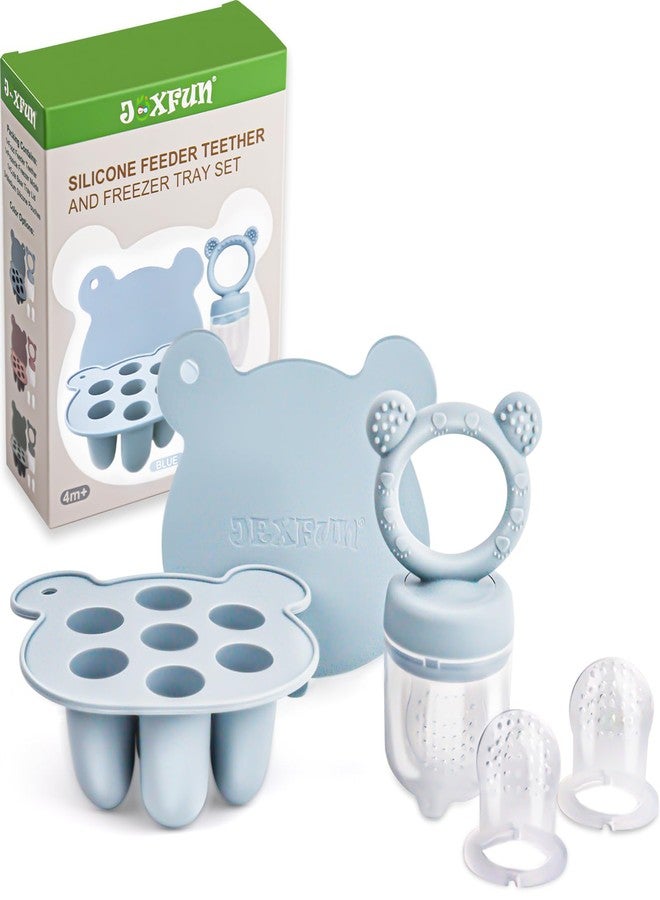 JEXFUN Silicone Baby Fruit Food Feeder & Mini Freezer Nibble Tray, Breastmilk Popsicle Molds for Baby Teething Relief, BPA Free Silicone Teething Toys Feeder for Safe Infant Self Feeding, Extra Food Pouches - Image 1
