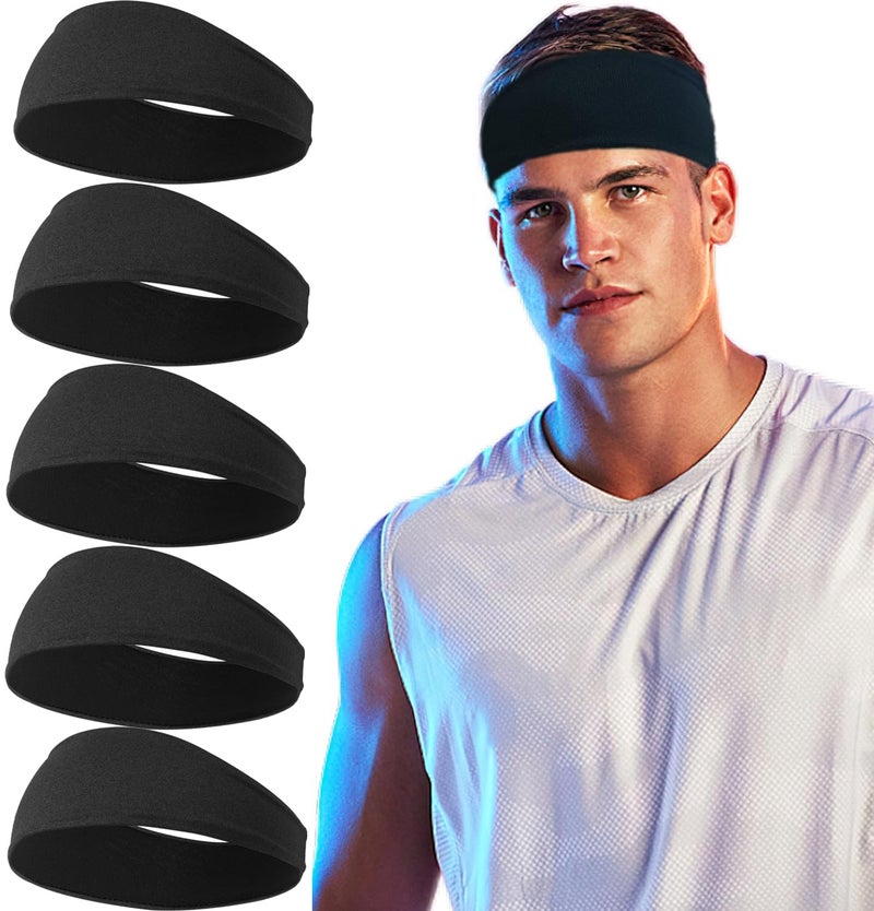 CellElection 5 حزمة رباط رأس رياضي أسود للرجال، تصميم شبكي قابل للتنفس، رباط رأس للرجال يمكن إعادة استخدامه وغسله لليوغا، الجري، تمارين اللياقة البدنية (5 أسود) - Image 1
