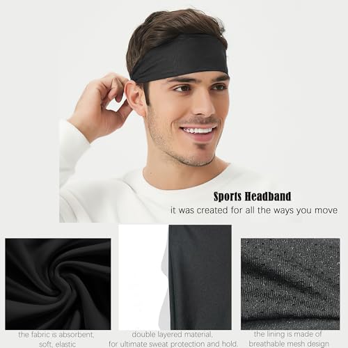 CellElection 5 حزمة رباط رأس رياضي أسود للرجال، تصميم شبكي قابل للتنفس، رباط رأس للرجال يمكن إعادة استخدامه وغسله لليوغا، الجري، تمارين اللياقة البدنية (5 أسود) - Image 2