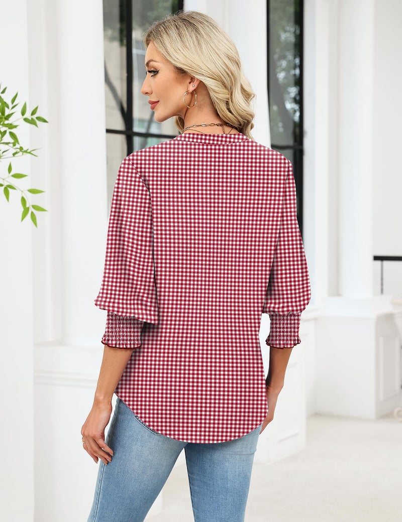 LOMON Ladies Tops and Blouses 3/4 Sleeve Button Down Shirt Floral Work Clothes V Neck Collared Cute Summer Tops Red Plaid XXL - Image 4