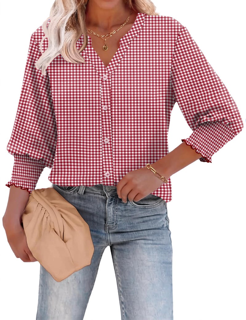 LOMON Ladies Tops and Blouses 3/4 Sleeve Button Down Shirt Floral Work Clothes V Neck Collared Cute Summer Tops Red Plaid XXL - Image 2