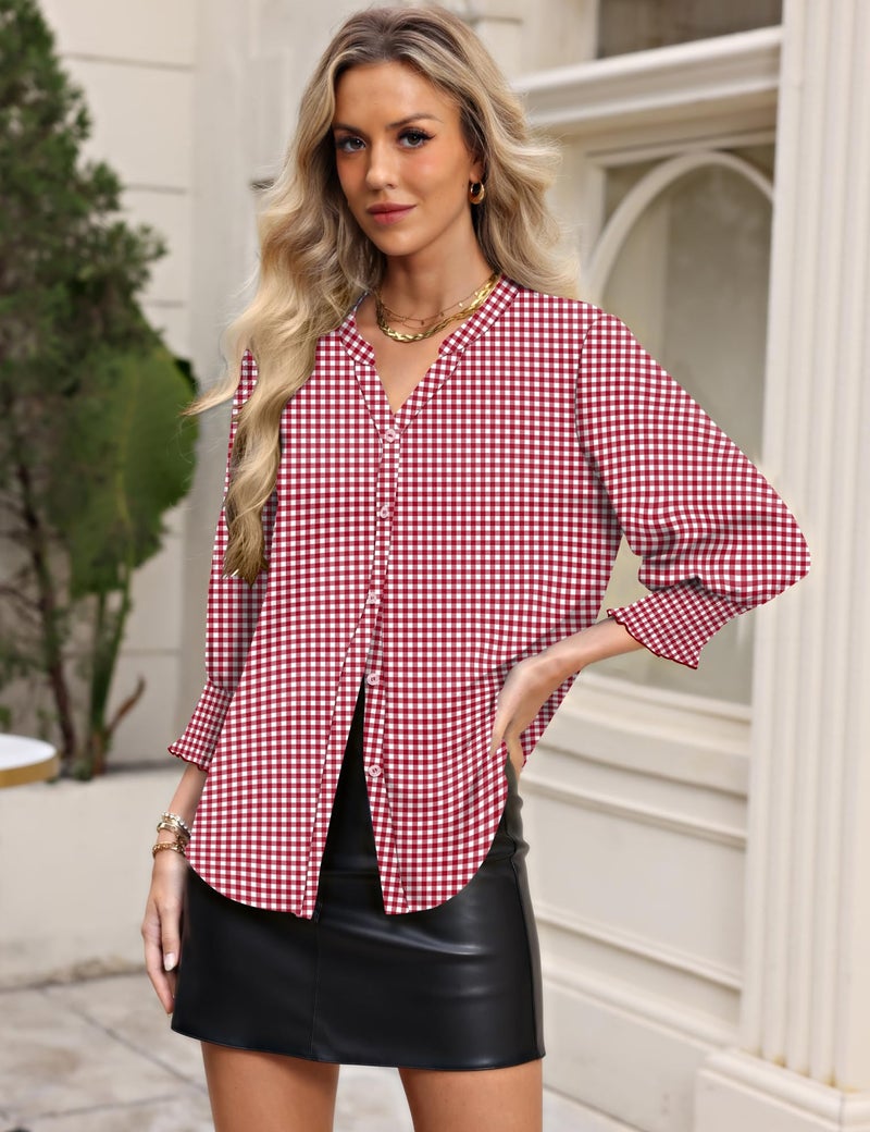 LOMON Ladies Tops and Blouses 3/4 Sleeve Button Down Shirt Floral Work Clothes V Neck Collared Cute Summer Tops Red Plaid XXL - Image 3