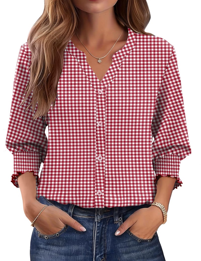 LOMON Ladies Tops and Blouses 3/4 Sleeve Button Down Shirt Floral Work Clothes V Neck Collared Cute Summer Tops Red Plaid XXL - Image 1