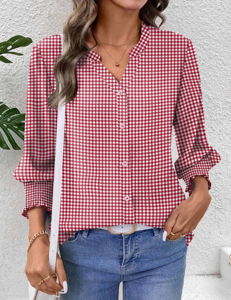 LOMON Ladies Tops and Blouses 3/4 Sleeve Button Down Shirt Floral Work Clothes V Neck Collared Cute Summer Tops Red Plaid XXL - Image 5