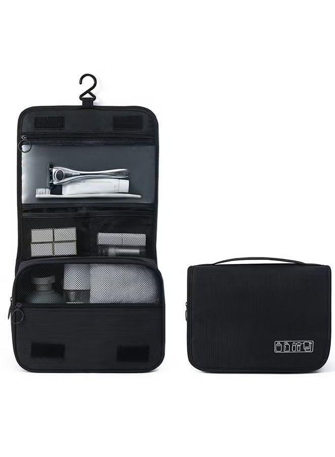 حقيبة مستحضرات تجميل كبيرة الحجم مع خطاف تعليق، حقيبة سفر لمستحضرات التجميل منفصلة عن الجافة والرطبة، حقيبة مكياج شبكية محمولة قابلة للطي (أسود) - Image 1