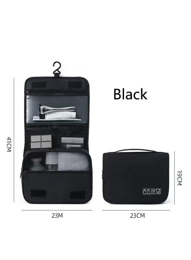 حقيبة مستحضرات تجميل كبيرة الحجم مع خطاف تعليق، حقيبة سفر لمستحضرات التجميل منفصلة عن الجافة والرطبة، حقيبة مكياج شبكية محمولة قابلة للطي (أسود) - Image 2