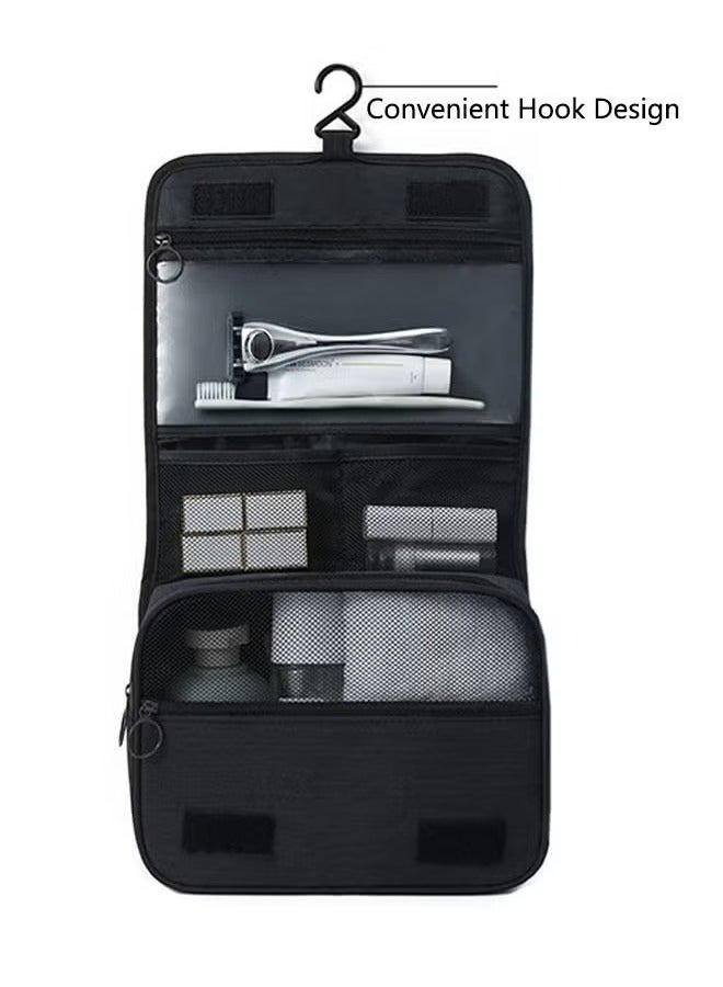 حقيبة مستحضرات تجميل كبيرة الحجم مع خطاف تعليق، حقيبة سفر لمستحضرات التجميل منفصلة عن الجافة والرطبة، حقيبة مكياج شبكية محمولة قابلة للطي (أسود) - Image 3