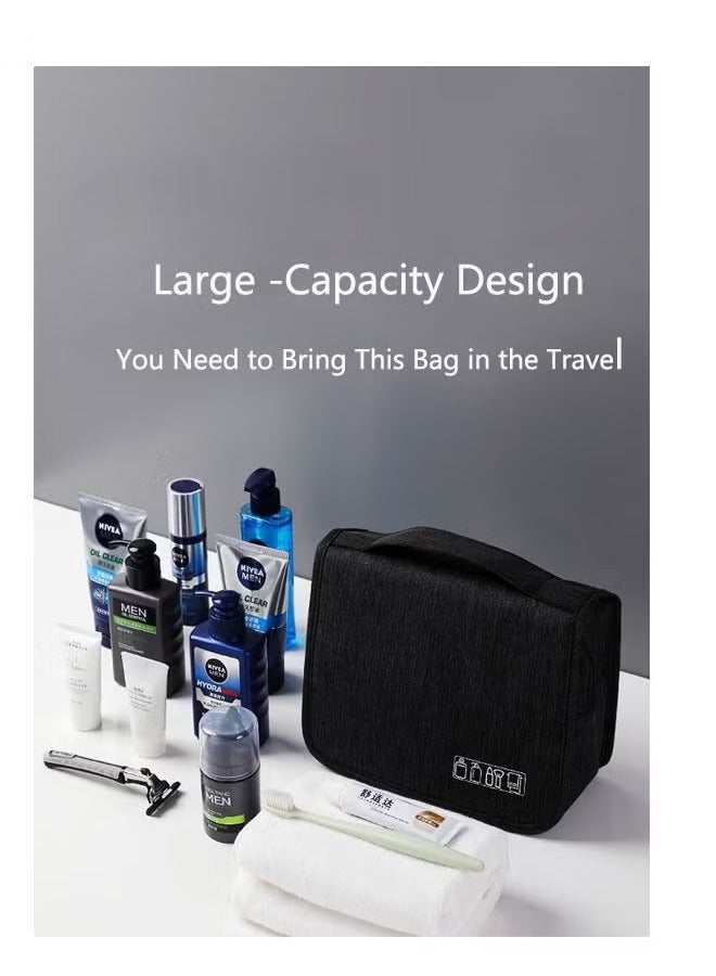 حقيبة مستحضرات تجميل كبيرة الحجم مع خطاف تعليق، حقيبة سفر لمستحضرات التجميل منفصلة عن الجافة والرطبة، حقيبة مكياج شبكية محمولة قابلة للطي (أسود) - Image 4