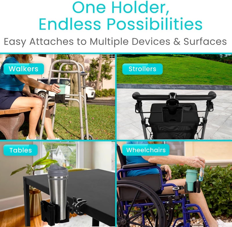 VIVE حامل أكواب كرسي متحرك Vive مع حامل هاتف ملحقات للتعليق على عربة الأطفال والمشايات القابلة للطي والعربات الكهربائية وسكوتر جولف وعربة جولف حامل مشروبات محمول - Image 4