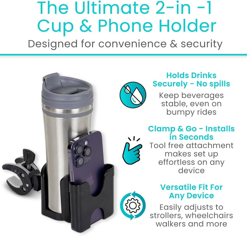 VIVE حامل أكواب كرسي متحرك Vive مع حامل هاتف ملحقات للتعليق على عربة الأطفال والمشايات القابلة للطي والعربات الكهربائية وسكوتر جولف وعربة جولف حامل مشروبات محمول - Image 2