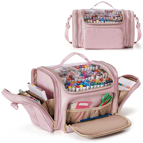 Rexmica Marker Organizer Bag for 180300 Markers Large Marker Storage Case with Detachable Divider for Adults Markers Travel Holder Case Bag for Various Markers or Other Art Craft Supply Pink - Image 1