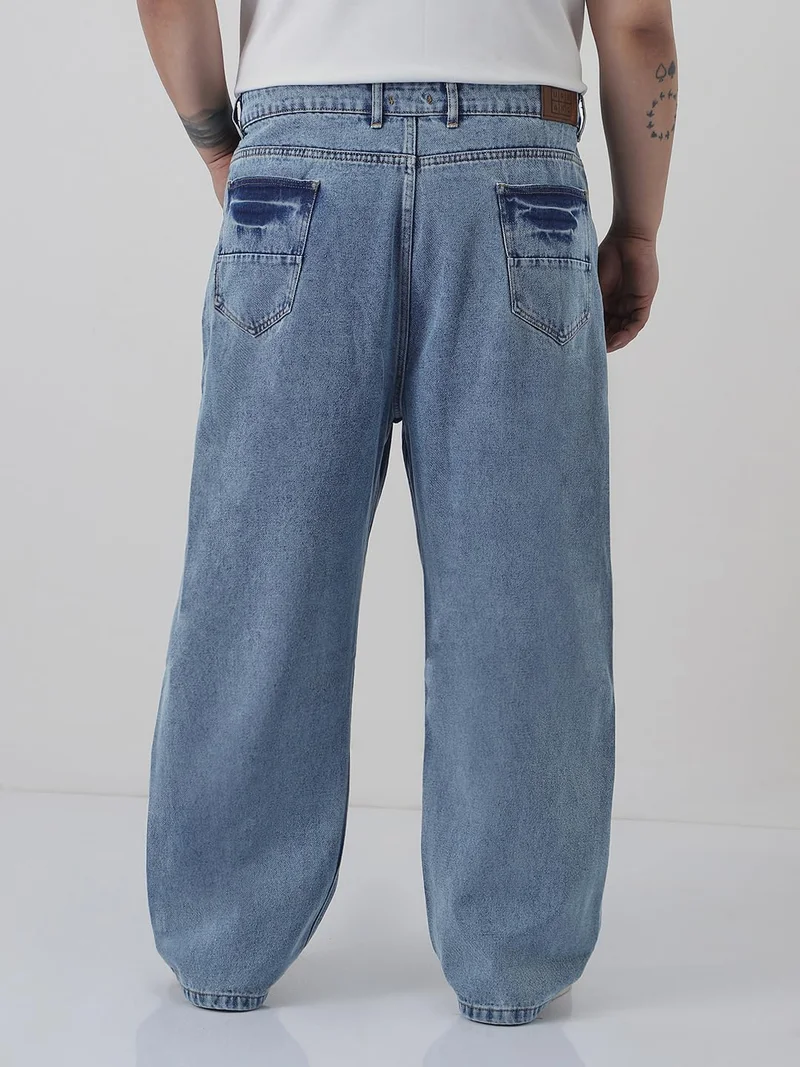 Urbano Fashion  Urbano Plus Men's Light Blue Loose Baggy Fit Washed Jeans Non-Stretchable  | Best Price UAE