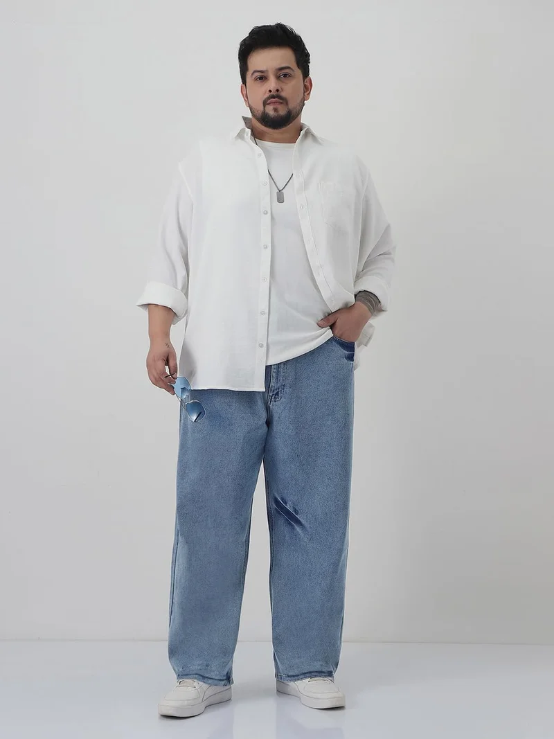 Urbano Fashion  Urbano Plus Men's Light Blue Loose Baggy Fit Washed Jeans Non-Stretchable  | Best Price UAE