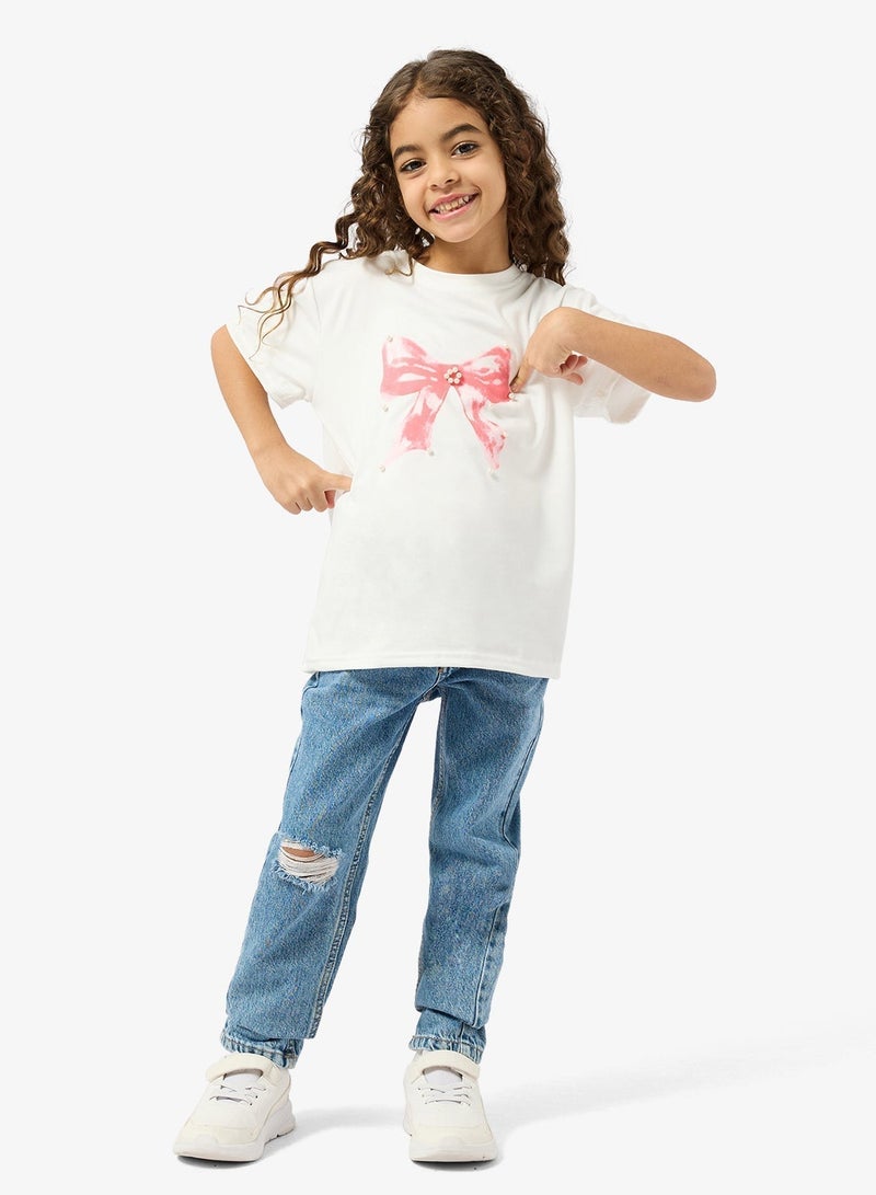 Pinata Bow Print Pearl Detail Tshirt - Image 4
