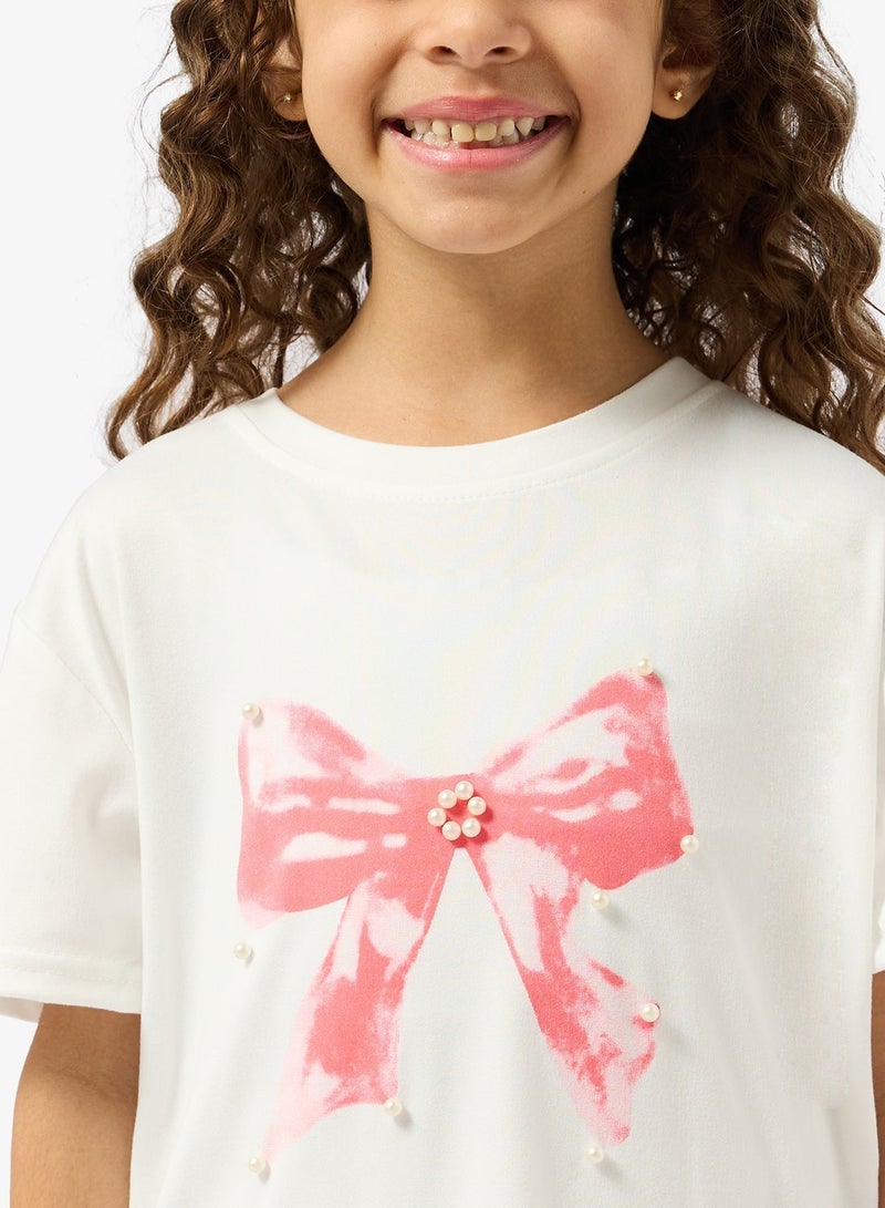 Pinata Bow Print Pearl Detail Tshirt - Image 3