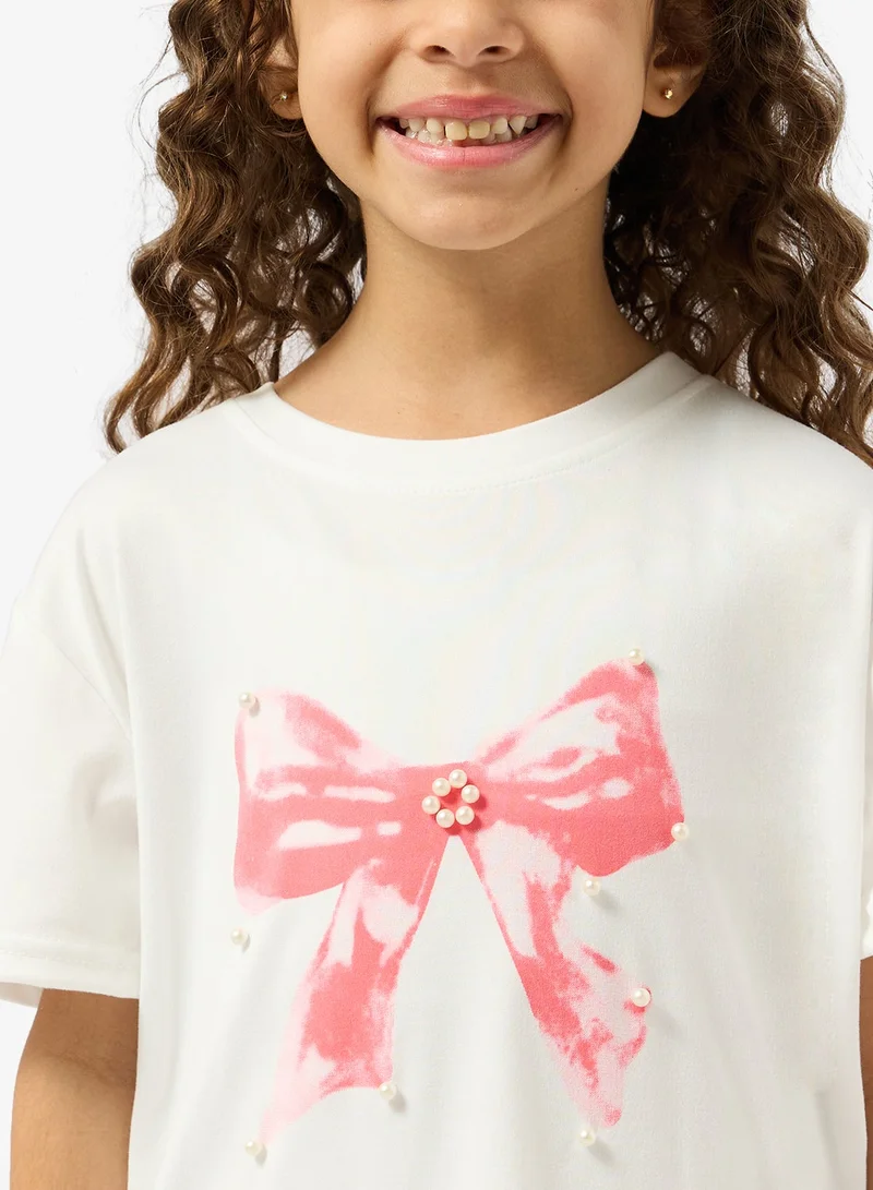 Pinata  Bow Print Pearl Detail Tshirt for Women | Best Price UAE