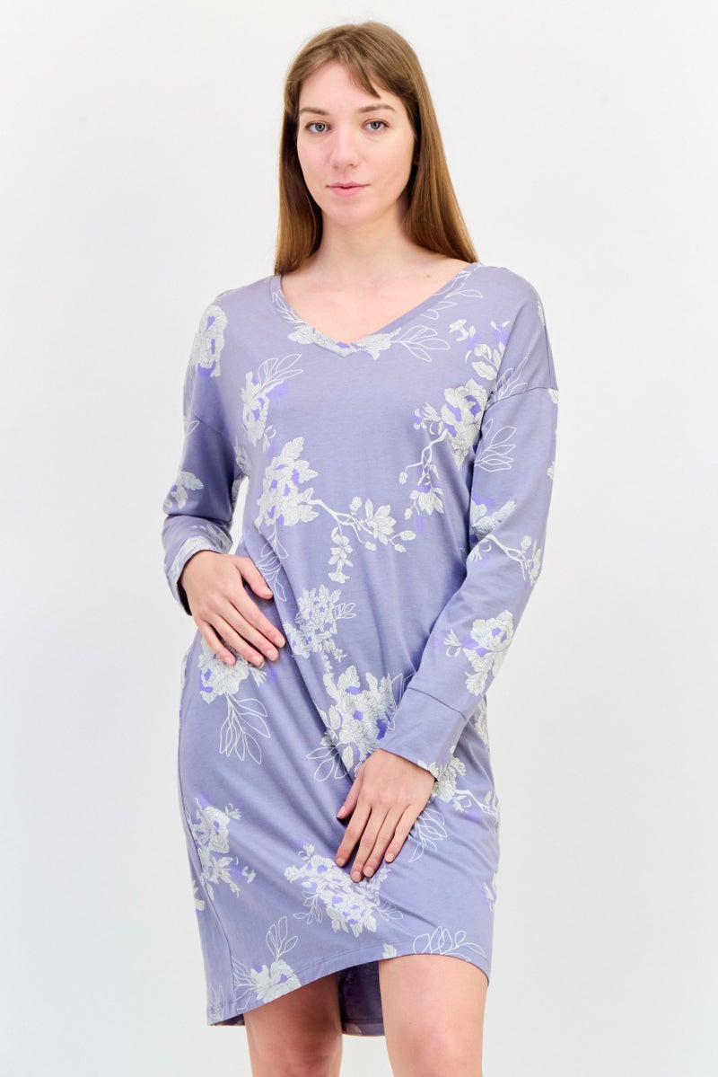 TRIUMPH فستان نوم نسائي بأكمام طويلة مزخرف بالزهور، متعدد الألوان - Image 1