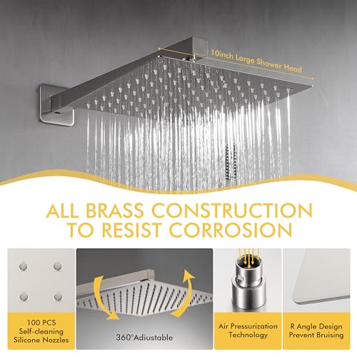 Fransiton Shower Faucet set with Shower head 10 Inches Rainfall Shower Head and Handle Set Single Handle Wall Mounted Shower System Set with Female Threads Valve Body(Brushed Nickel) - Image 2