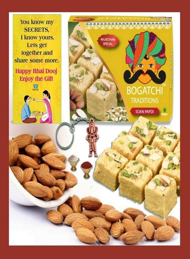 BOGATCHI Bhai Dooj Gift Traditional Soan Papdi, 250g, with Natural California Almonds , 100g + Free Bhai Dooj Greeting Card + Roli Chawal + Ganesha Key Chain