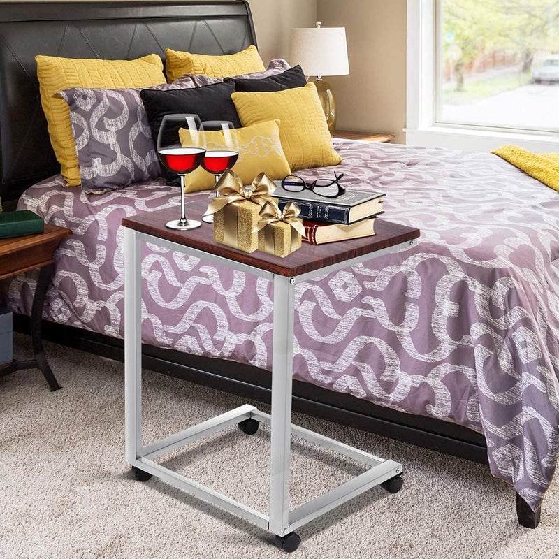 INDIDECOR Indian Decor 45190 Laptop Side Table Portable Coffee End Table with Wheels C Shaped Sofa Side Table Wood Look Over Bed Table with Metal Frame Notebook Tablet Workstation for Home Office  - Image 4