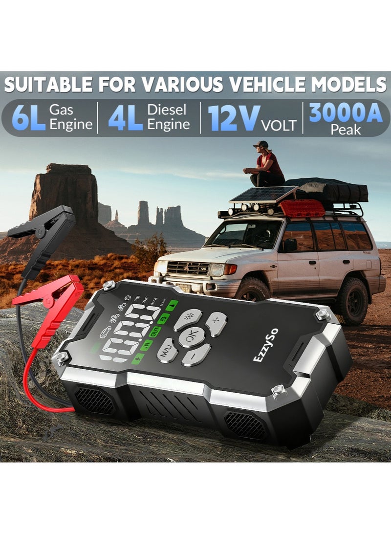 EzzySo جهاز بدء تشغيل السيارة المحمول مع ضاغط هواء 150PSI مضخة هواء رقمية 12V معزز بطارية شاشة LCD ضوء LED بنك طاقة مجموعة طوارئ لجميع المركبات التي تعمل بالبنزين والديزل - Image 2