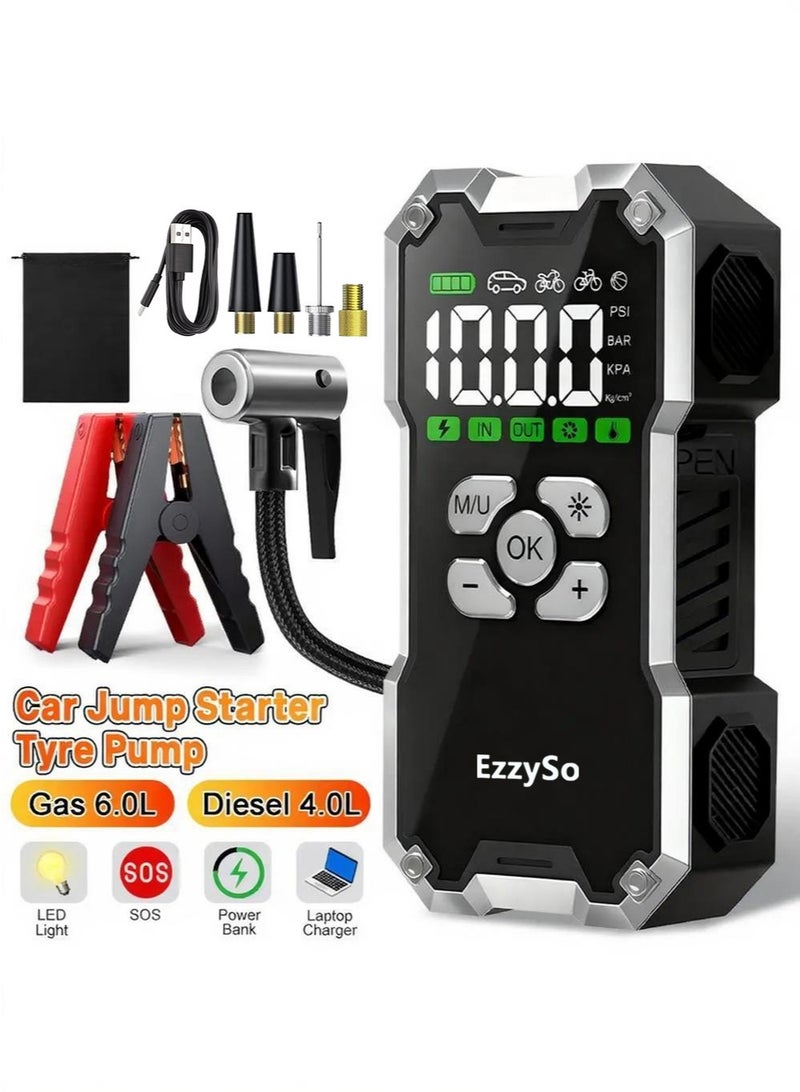 EzzySo جهاز بدء تشغيل السيارة المحمول مع ضاغط هواء 150PSI مضخة هواء رقمية 12V معزز بطارية شاشة LCD ضوء LED بنك طاقة مجموعة طوارئ لجميع المركبات التي تعمل بالبنزين والديزل - Image 1