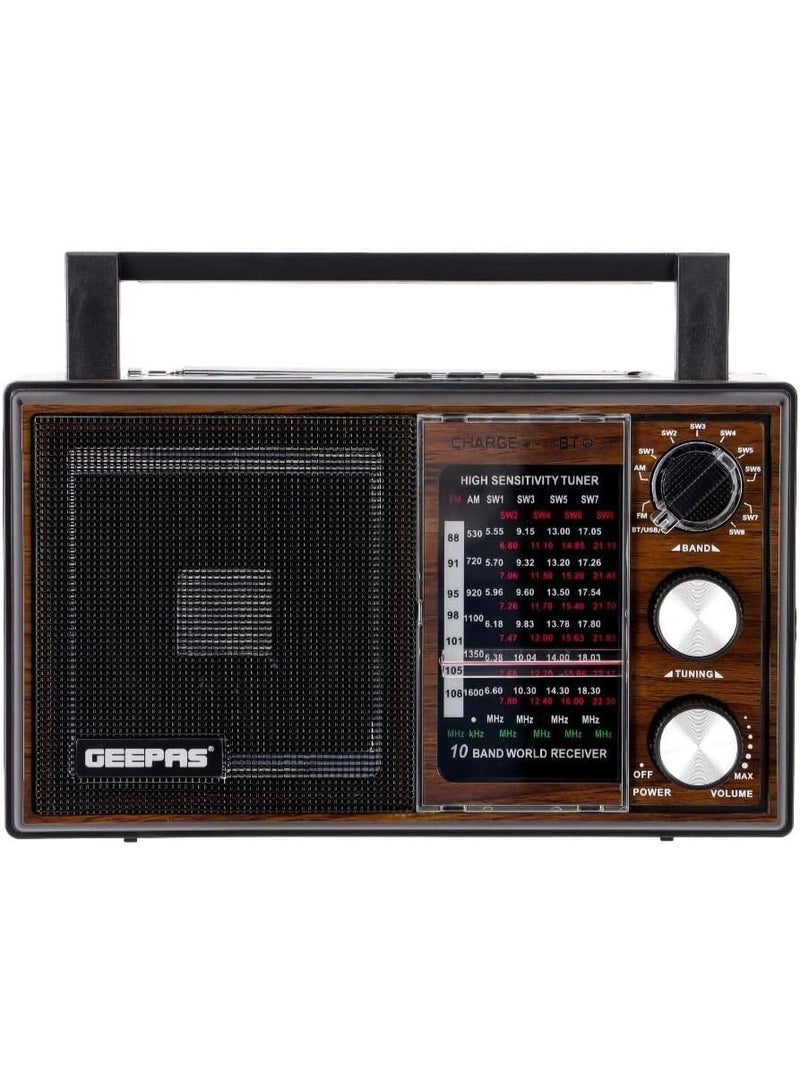 جيباس راديو قابل لإعادة الشحن BT/FM/MP3/TF/مشغل موسيقى USB، راديو 10 نطاقات، مكبر صوت بلوتوث، راديو FM محمول خفيف الوزن بتصميم كلاسيكي أنيق GR6842N بني/أسود - Image 1