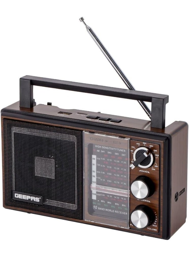 جيباس راديو قابل لإعادة الشحن BT/FM/MP3/TF/مشغل موسيقى USB، راديو 10 نطاقات، مكبر صوت بلوتوث، راديو FM محمول خفيف الوزن بتصميم كلاسيكي أنيق GR6842N بني/أسود - Image 2