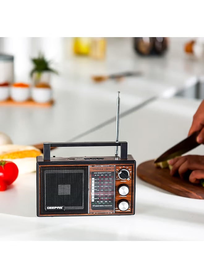 جيباس راديو قابل لإعادة الشحن BT/FM/MP3/TF/مشغل موسيقى USB، راديو 10 نطاقات، مكبر صوت بلوتوث، راديو FM محمول خفيف الوزن بتصميم كلاسيكي أنيق GR6842N بني/أسود - Image 3