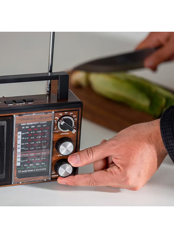 جيباس راديو قابل لإعادة الشحن BT/FM/MP3/TF/مشغل موسيقى USB، راديو 10 نطاقات، مكبر صوت بلوتوث، راديو FM محمول خفيف الوزن بتصميم كلاسيكي أنيق GR6842N بني/أسود - Image 4