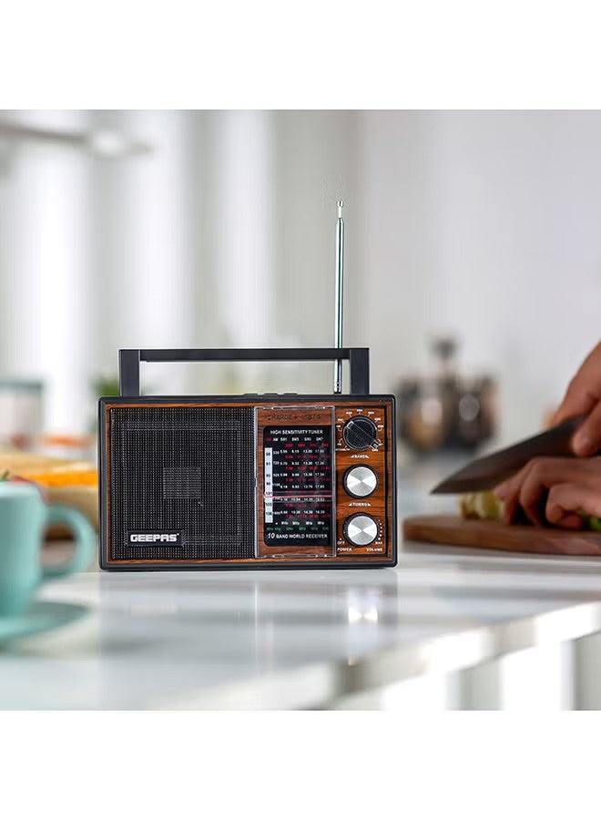 جيباس راديو قابل لإعادة الشحن BT/FM/MP3/TF/مشغل موسيقى USB، راديو 10 نطاقات، مكبر صوت بلوتوث، راديو FM محمول خفيف الوزن بتصميم كلاسيكي أنيق GR6842N بني/أسود - Image 5