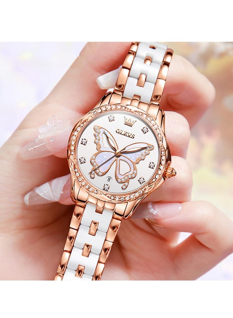 أوليفز ساعة OLEVS النسائية الأنيقة المصنوعة من الفولاذ المقاوم للصدأ والسيراميك بسوار ثنائي اللون ومقاومة للماء 5610 - Image 2